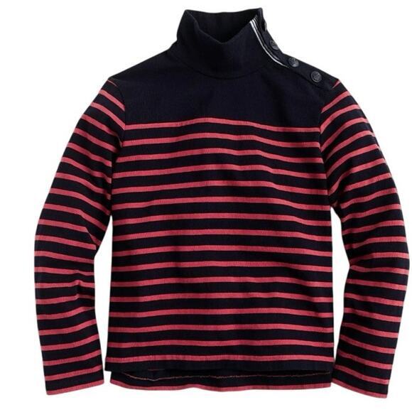 J.Crew Women Small Nautical Striped Button Shoulder Turtleneck Top Navy Pink - Picture 2 of 14